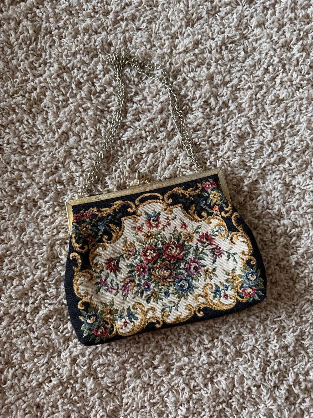 Floral Tapestry Clutch with Gold Frame and Chain - Black & Cream